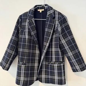 Skies Are Blue Sz XL Plaid Open Front Blazer - Navy, Black, White and Yellow